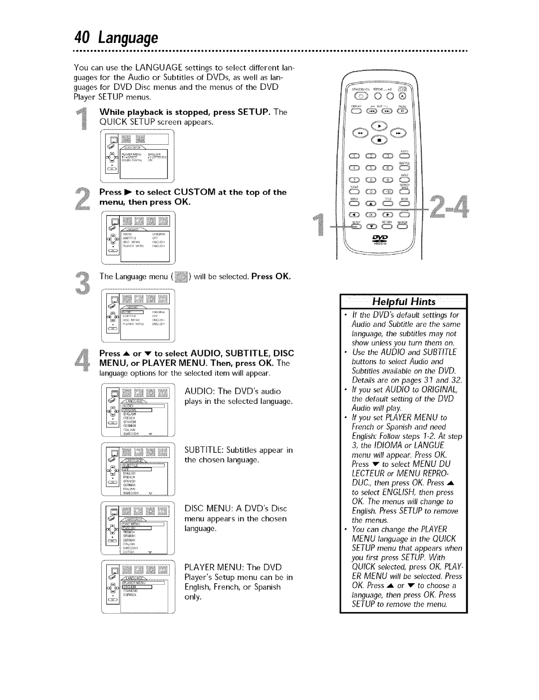 Magnavox MDV443 owner manual Language, Quick SETUPscreen appears, Press or v to select AUDIO, SUBTITLE, Disc, Subtitle 