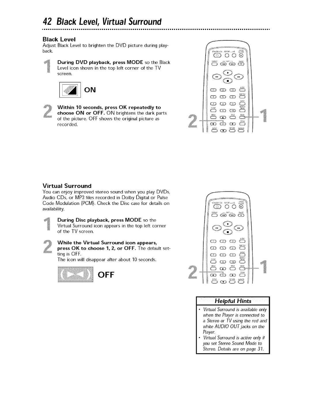Magnavox MDV443 owner manual Black Level, Virtual Surround, During Disc playback, press Mode so 