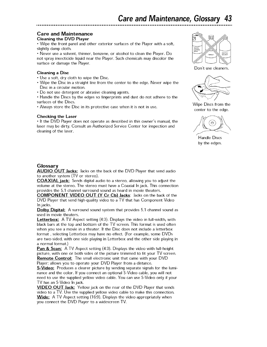 Magnavox MDV443 owner manual Care and Maintenance,Glossary43, Cleaning the DVD Player 