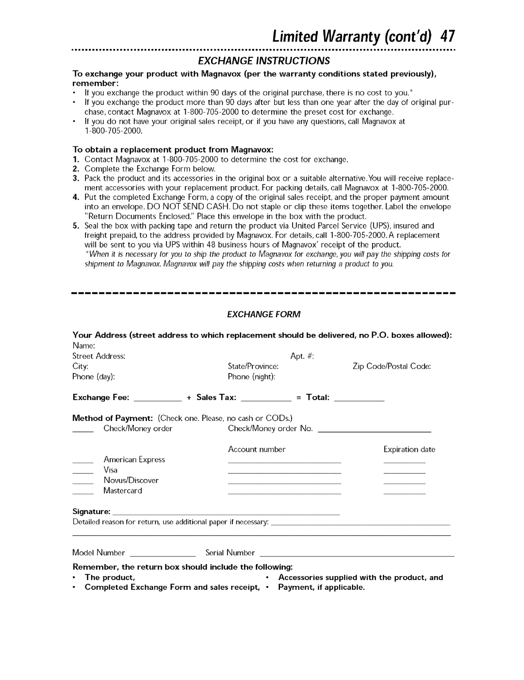 Magnavox MDV443 owner manual To obtain a replacement product from Magnavox, Fee, = Total, Method, Supplied with the product 