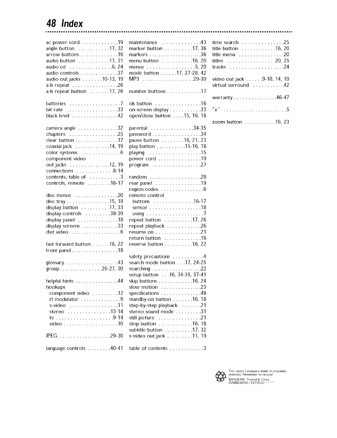 Magnavox MDV443 owner manual Index, 46-47 