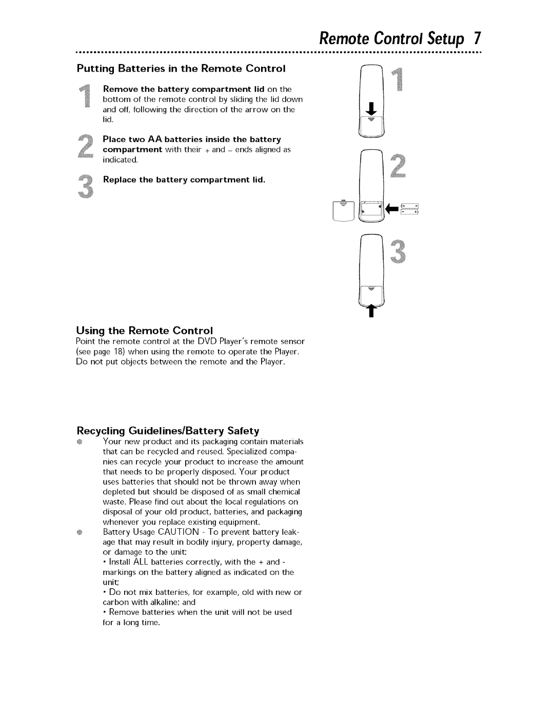 Magnavox MDV443 owner manual RemoteControlSetup, Putting Batteries in the Remote Control 