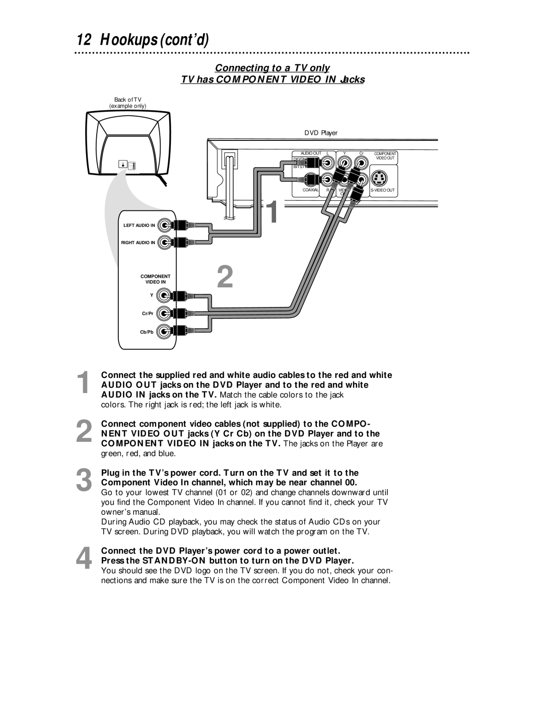 Magnavox MDV443 owner manual Connecting to a TV only TV has Component Video in Jacks 