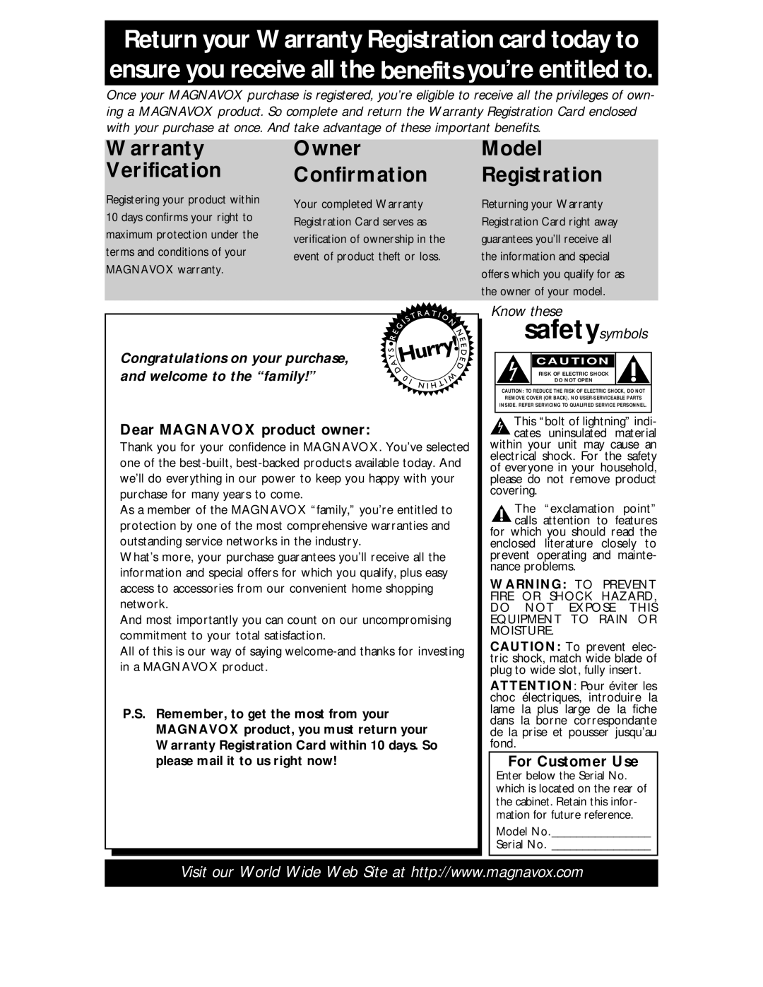 Magnavox MDV443 owner manual Dear Magnavox product owner, For Customer Use 