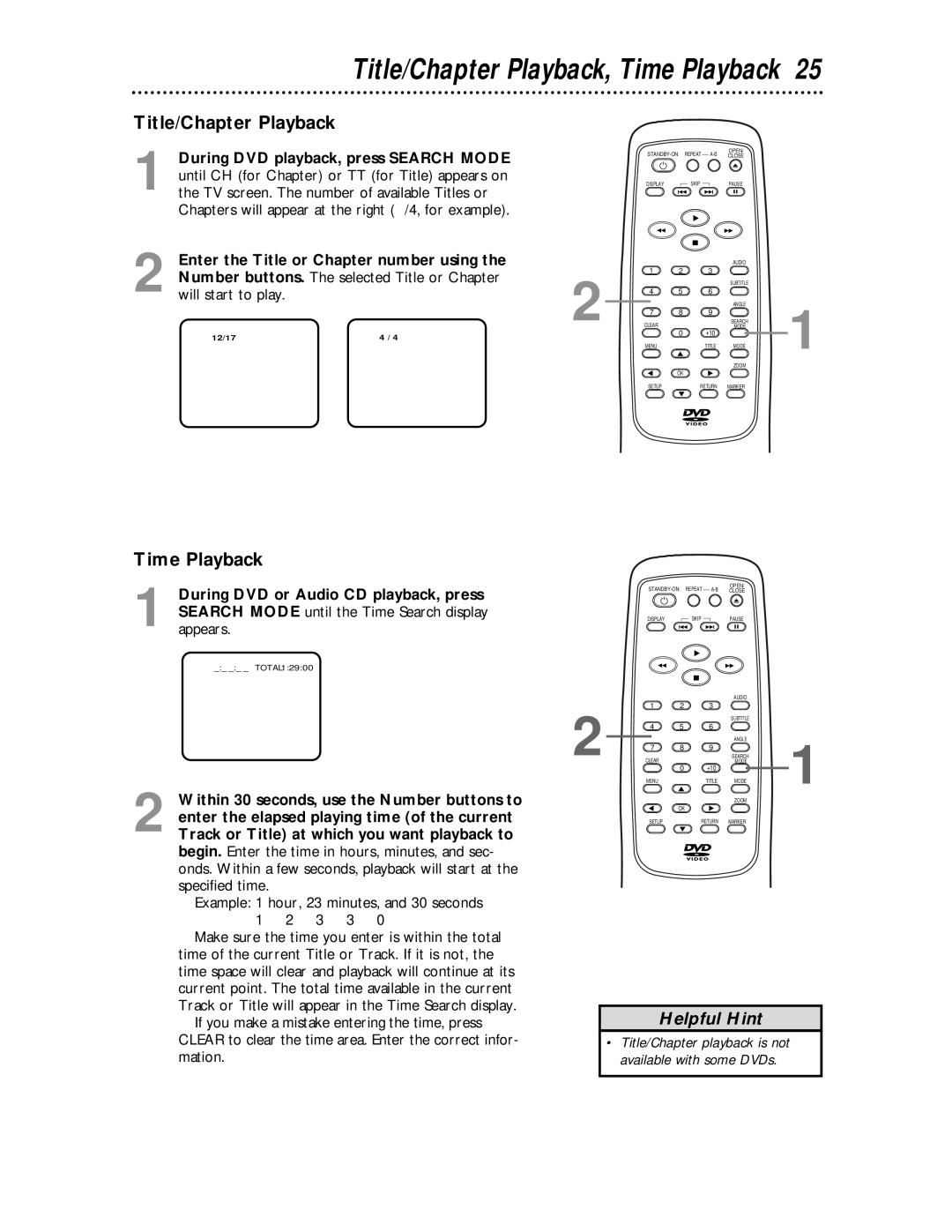 Magnavox MDV443 owner manual Title/Chapter Playback, Time Playback, During DVD playback, press Search Mode 