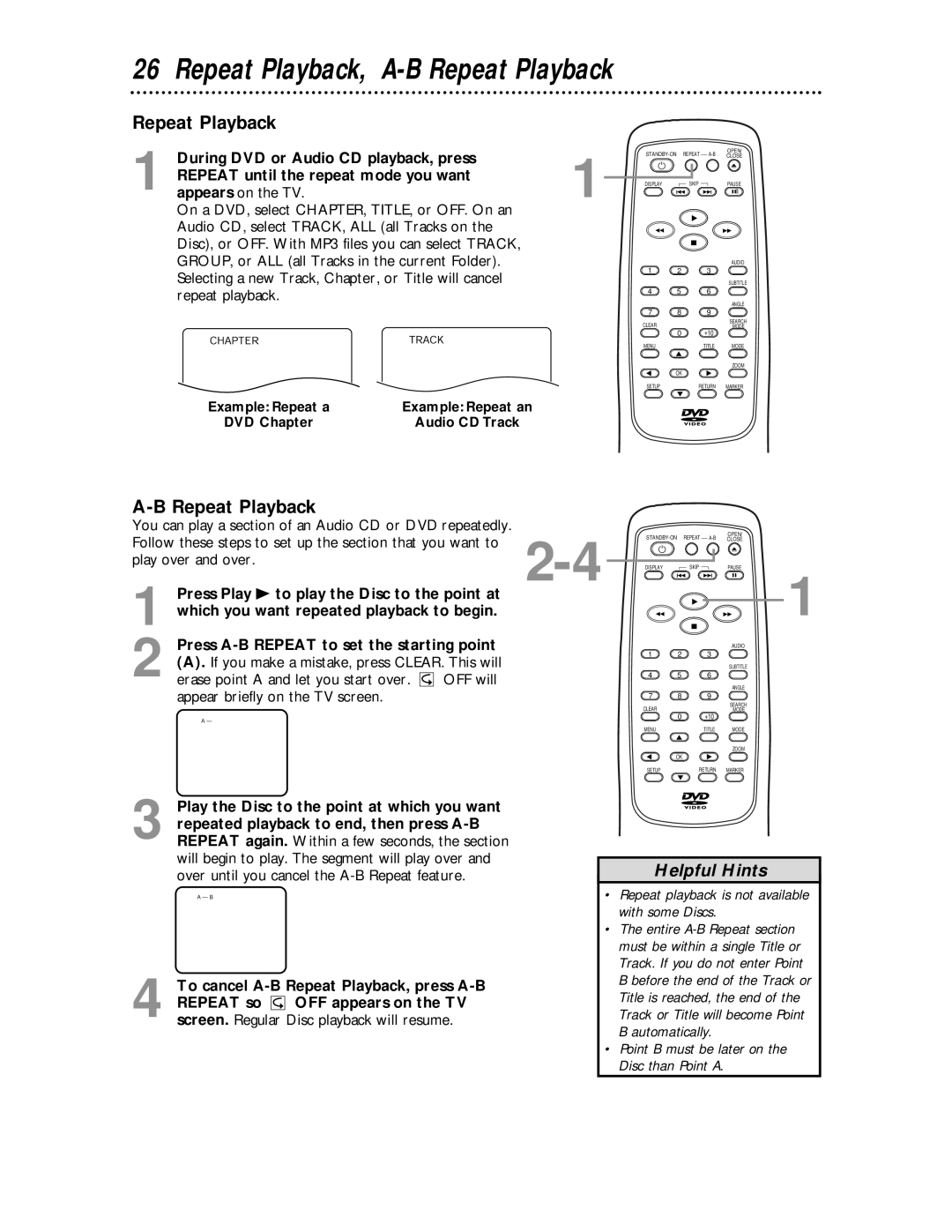 Magnavox MDV443 owner manual Repeat Playback, A-B Repeat Playback, During DVD or Audio CD playback, press 