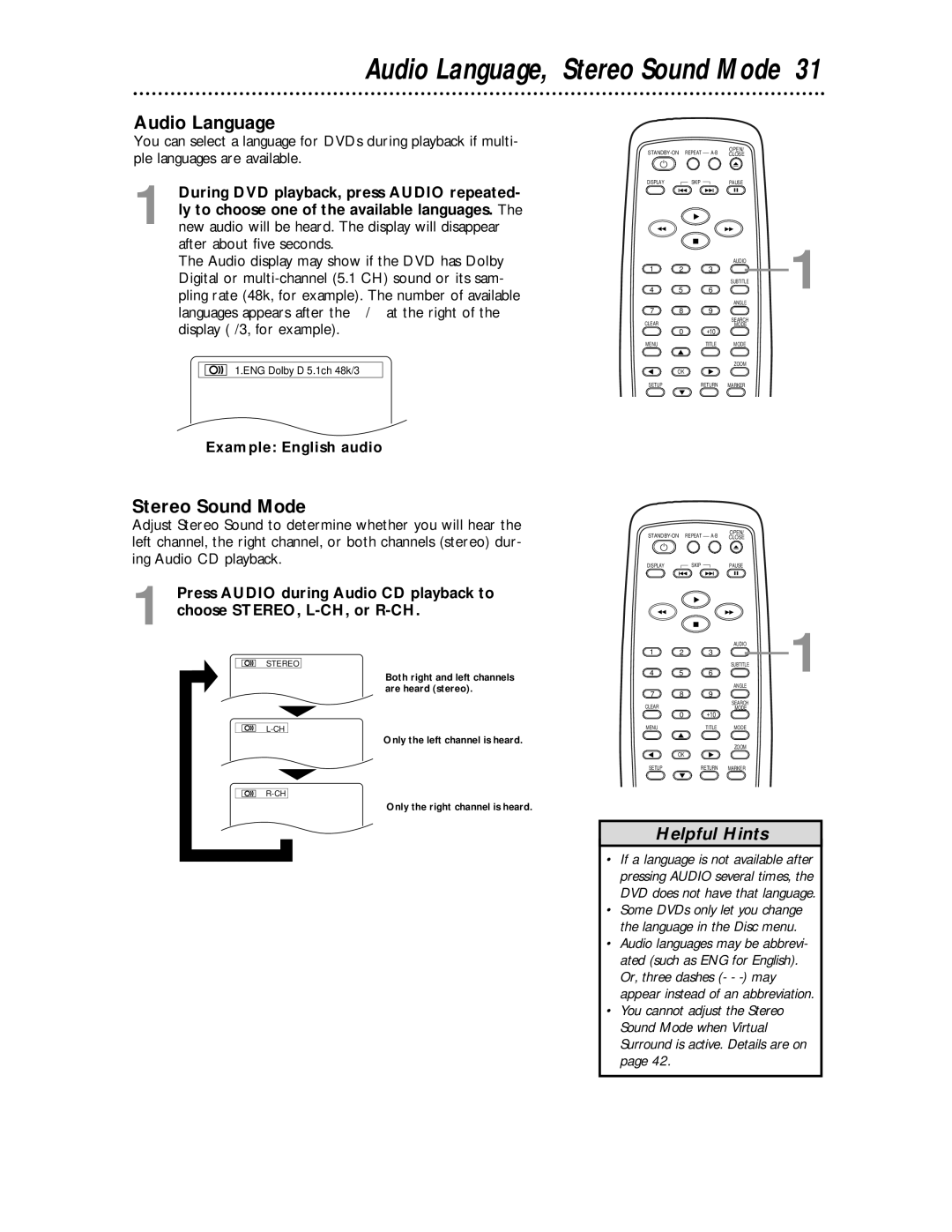 Magnavox MDV443 owner manual Audio Language, Stereo Sound Mode, Example English audio 