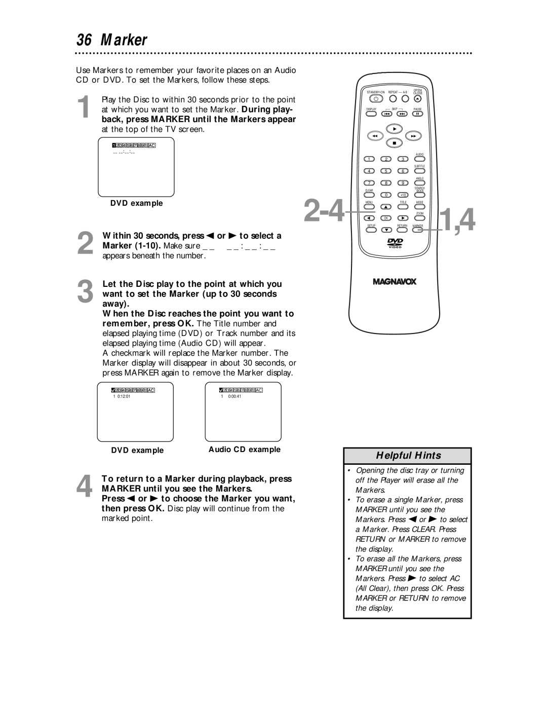 Magnavox MDV443 owner manual Elapsed playing time Audio CD will appear, Checkmark will replace the Marker number 