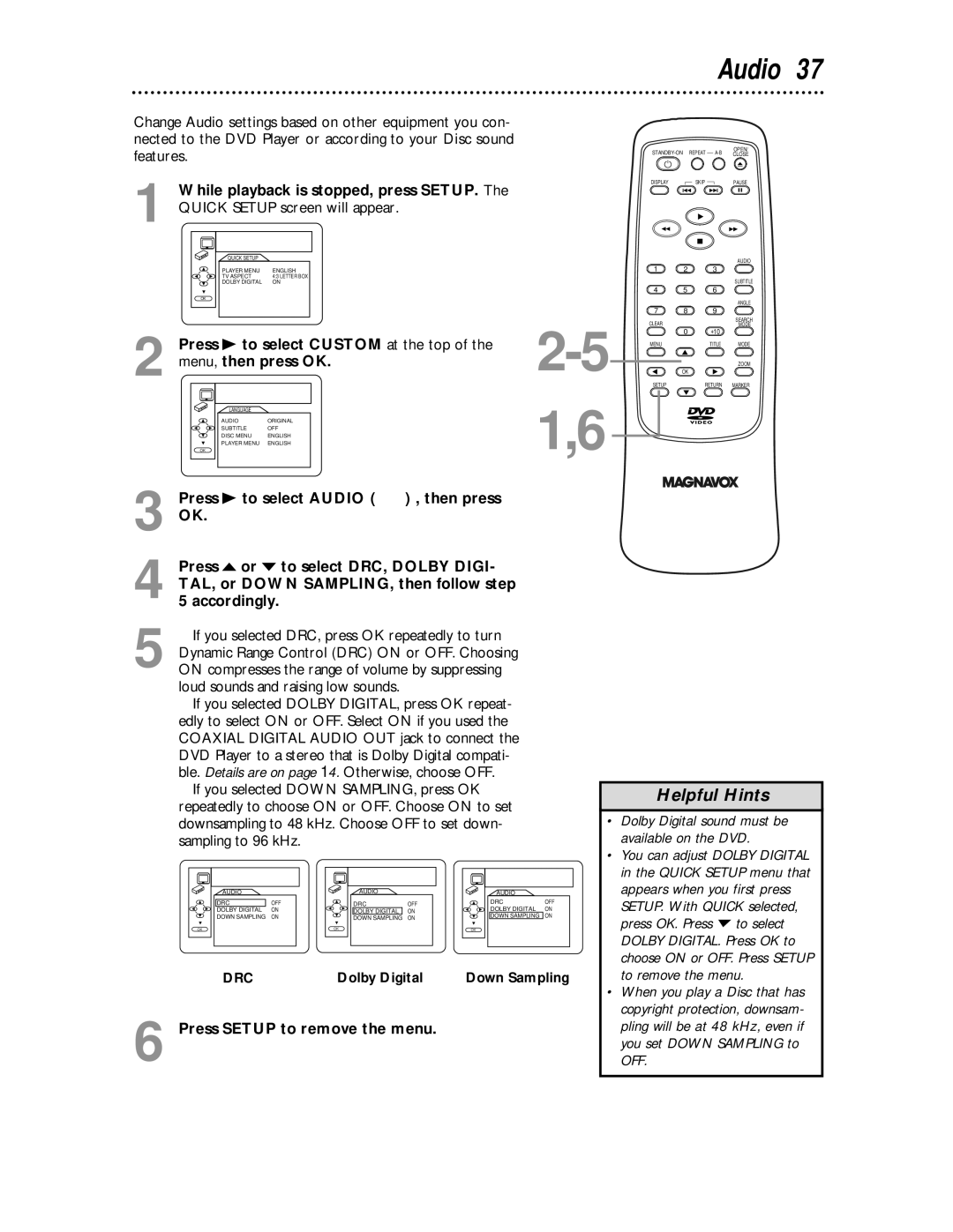 Magnavox MDV443 owner manual Press B to select Audio , then press, Press o or p to select DRC, Dolby Digi, Accordingly 