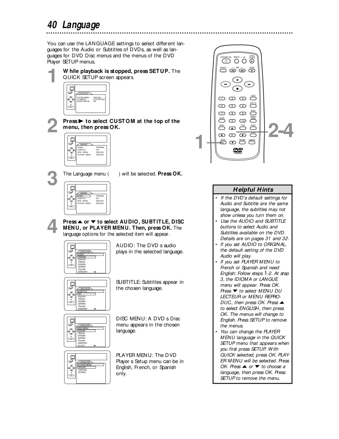 Magnavox MDV443 owner manual Language, Details are on pages 31 