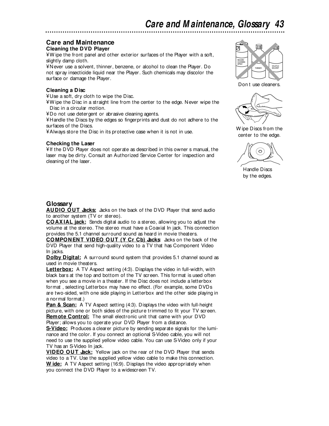 Magnavox MDV443 owner manual Care and Maintenance, Glossary 