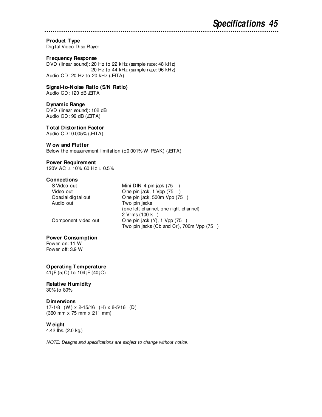 Magnavox MDV443 owner manual Specifications 