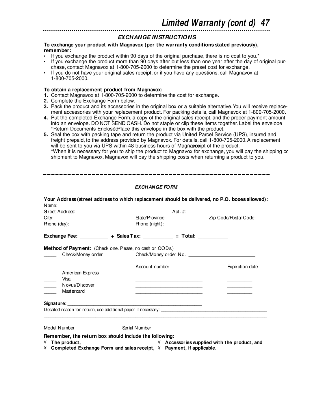 Magnavox MDV443 owner manual Limited Warranty cont’d, To obtain a replacement product from Magnavox, + Sales Tax = Total 