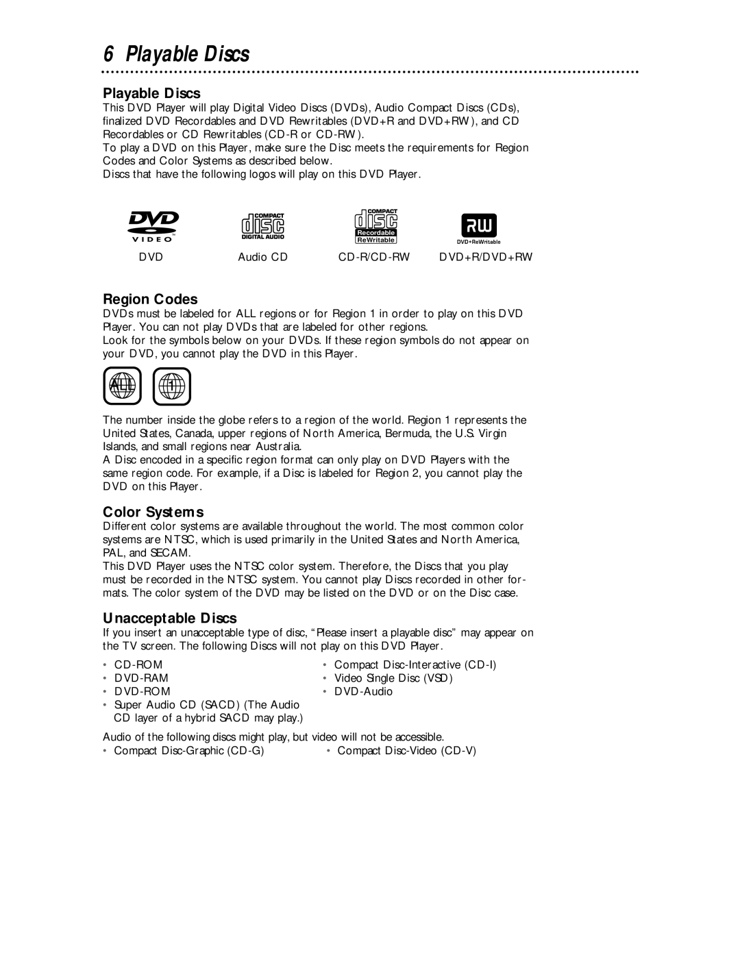 Magnavox MDV443 owner manual Playable Discs, Region Codes, Color Systems, Unacceptable Discs 