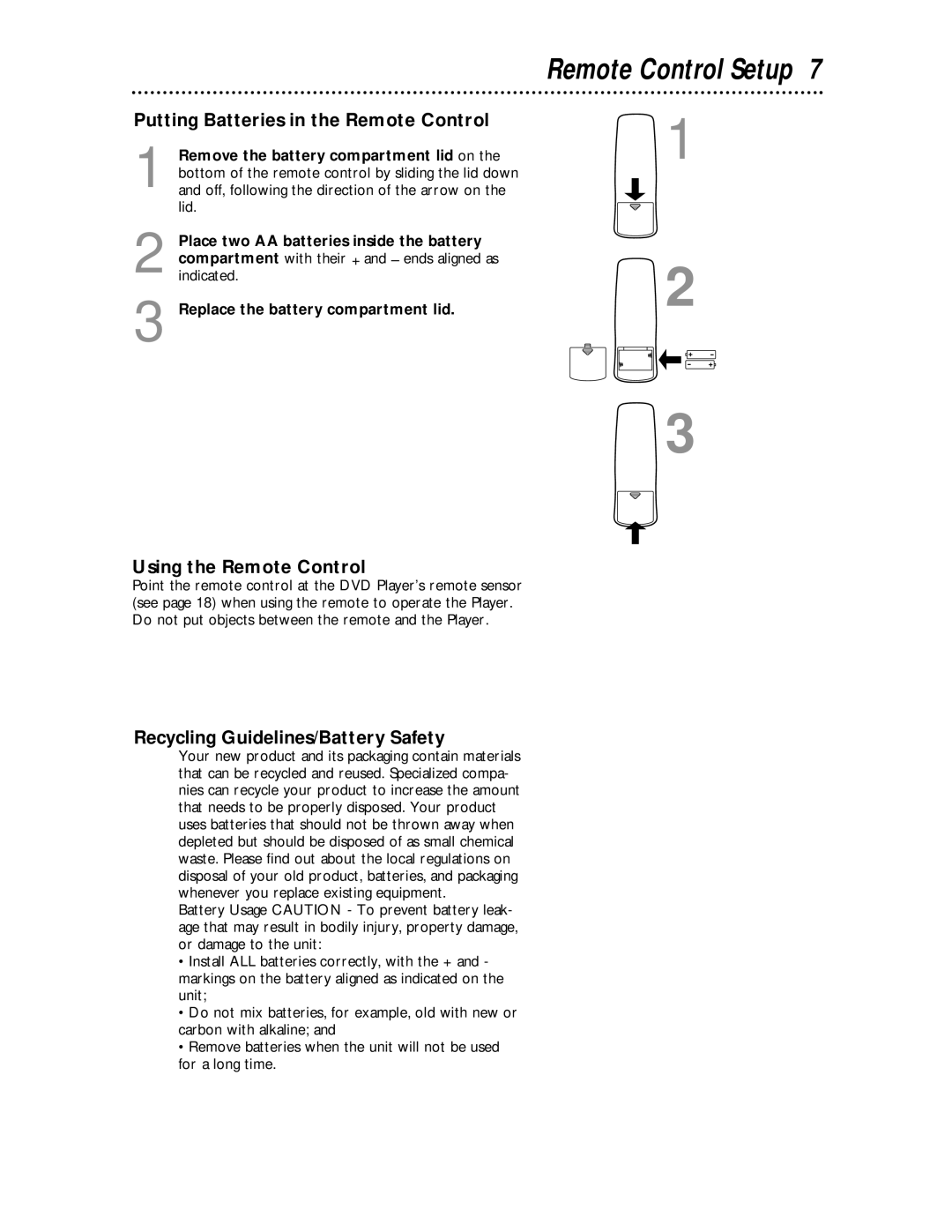 Magnavox MDV443 owner manual Remote Control Setup, Putting Batteries in the Remote Control, Using the Remote Control 