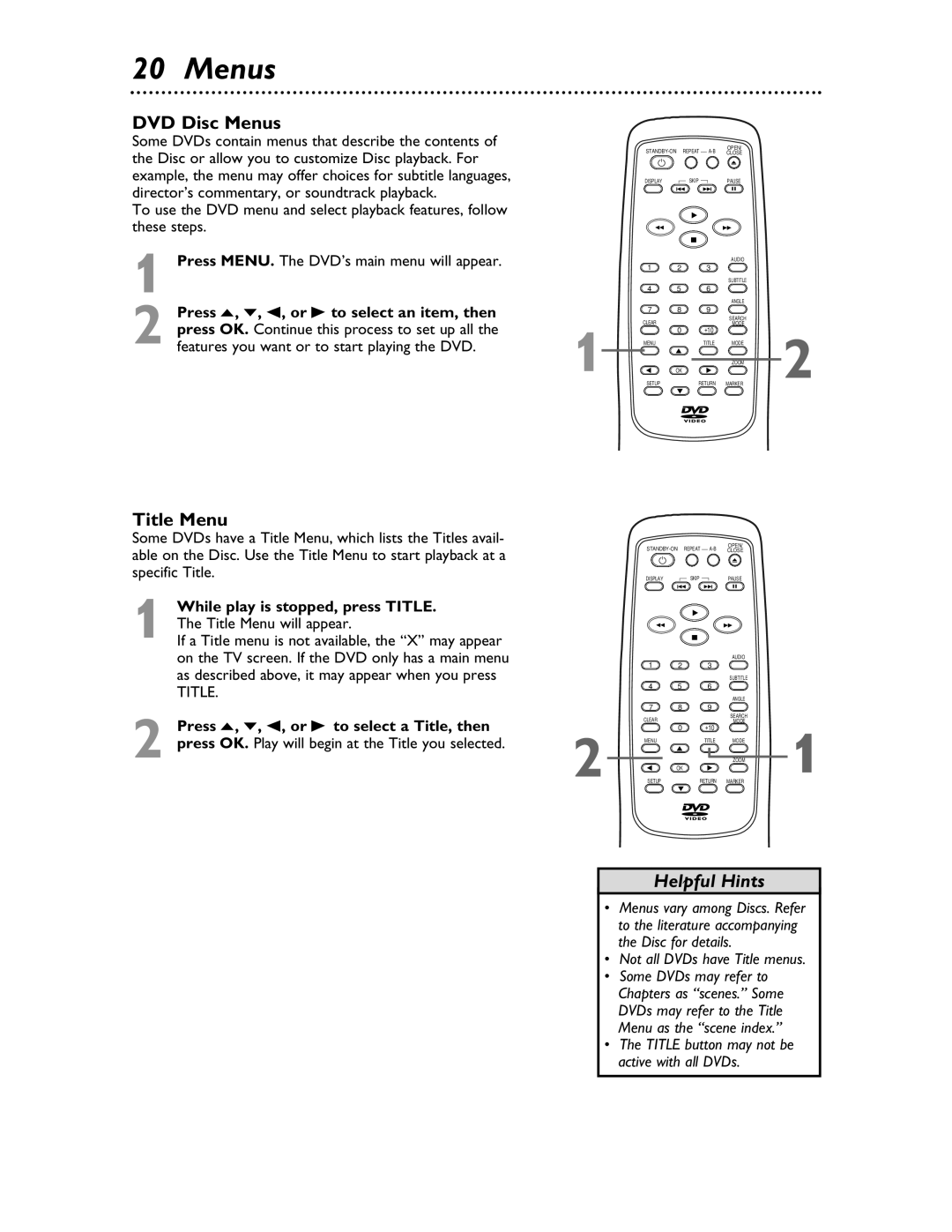 Magnavox MDV453 owner manual DVD Disc Menus, Title Menu 