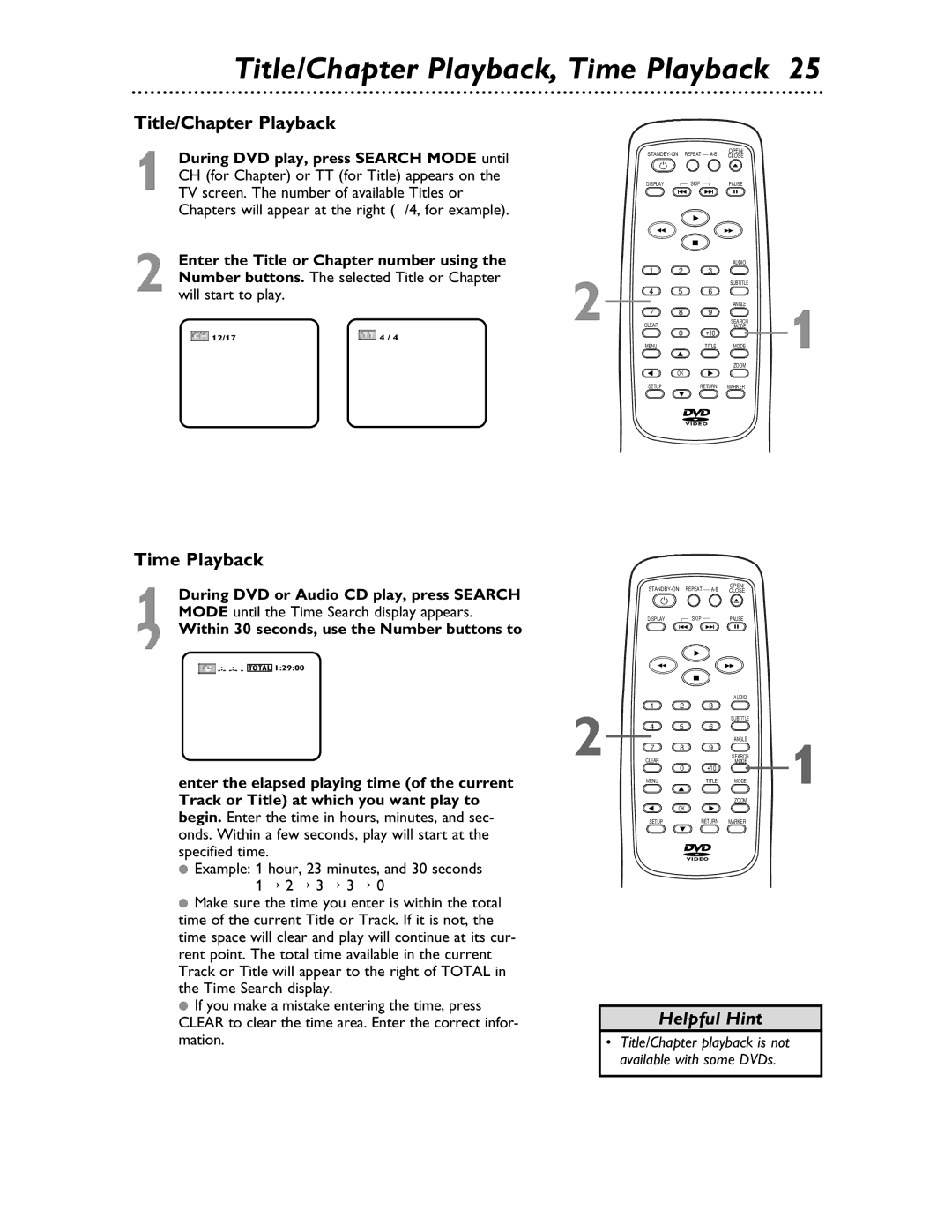 Magnavox MDV453 owner manual Title/Chapter Playback, Time Playback, During DVD play, press Search Mode until 