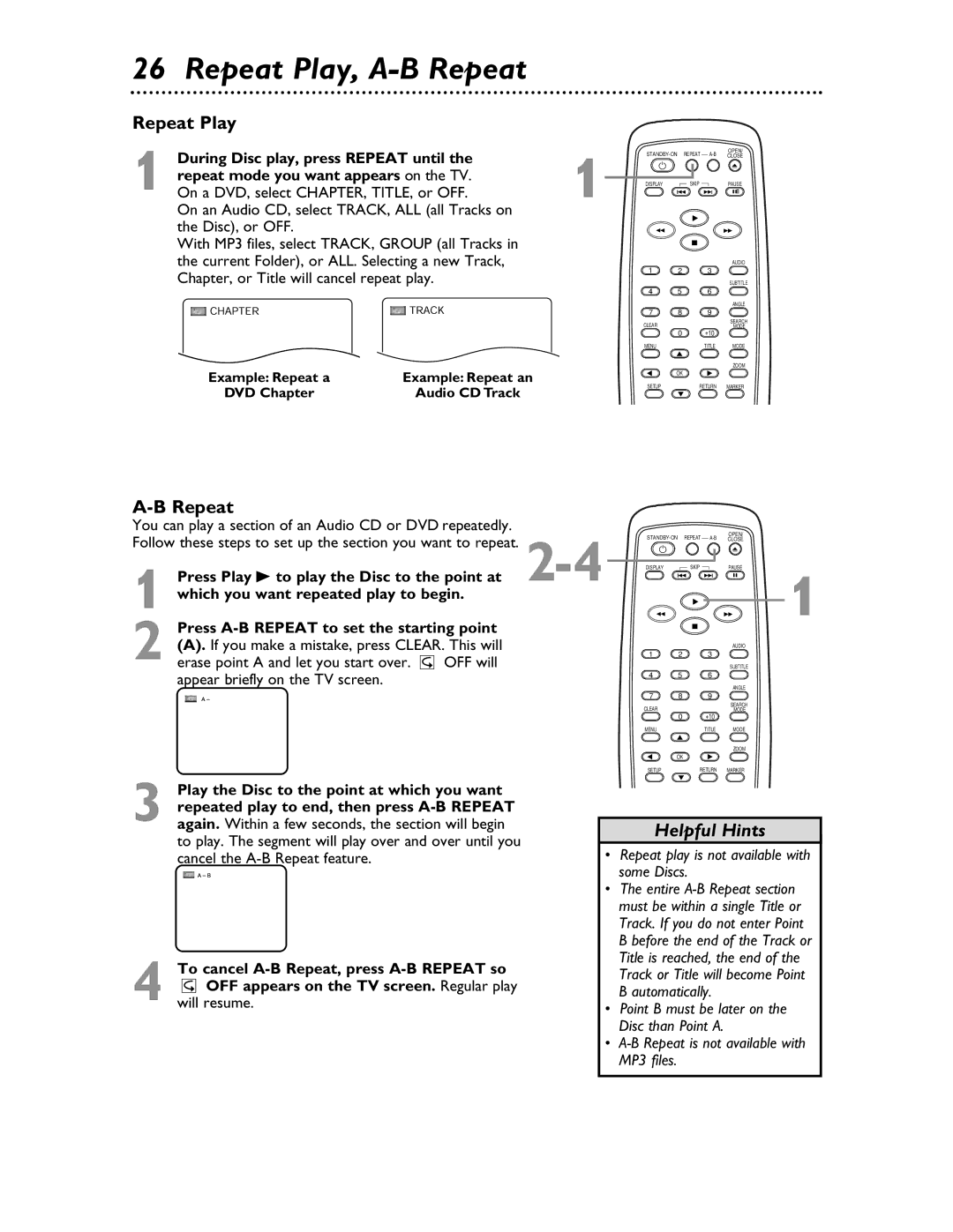 Magnavox MDV453 owner manual Repeat Play, A-B Repeat 