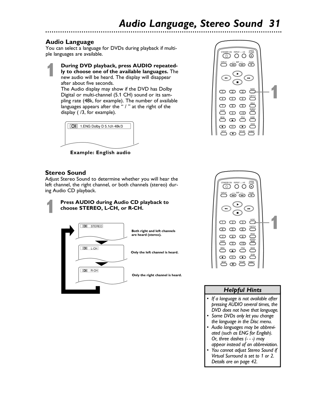 Magnavox MDV453 owner manual Audio Language, Stereo Sound, Example English audio 