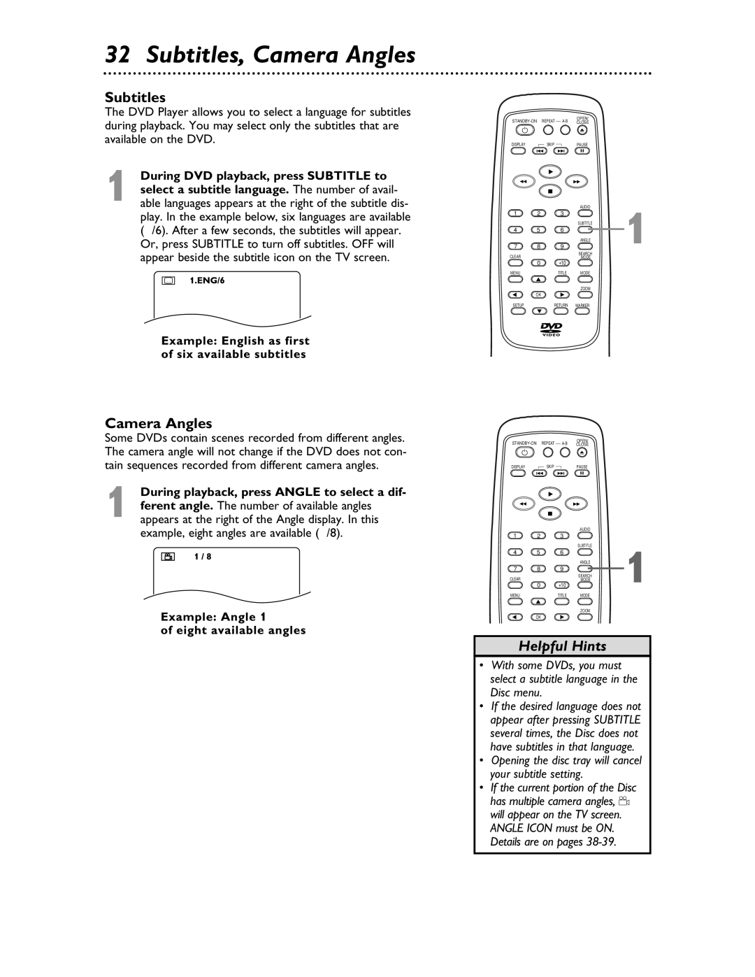 Magnavox MDV453 owner manual Subtitles, Camera Angles, During playback, press Angle to select a dif 