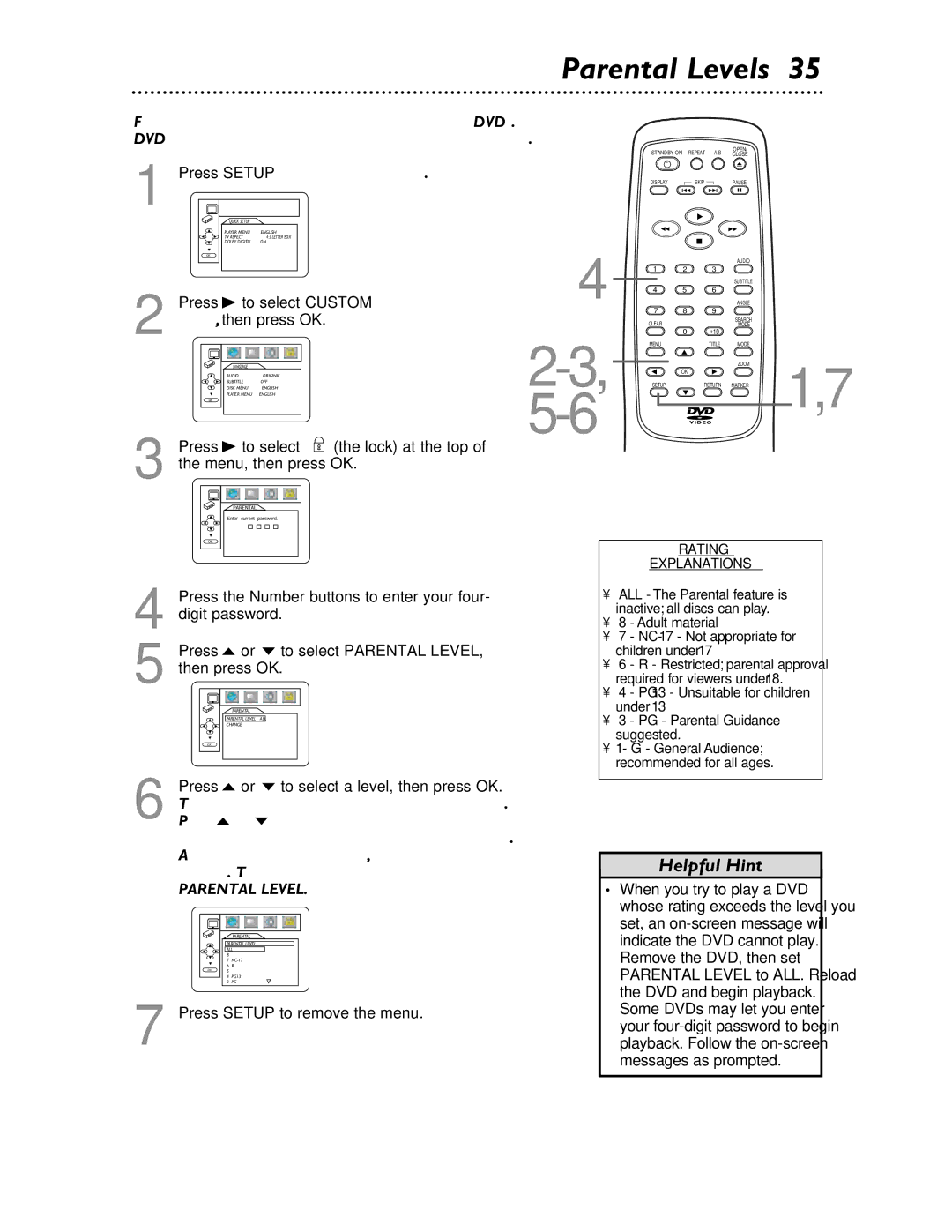 Magnavox MDV453 owner manual Parental Levels, Press Setup to remove the menu 