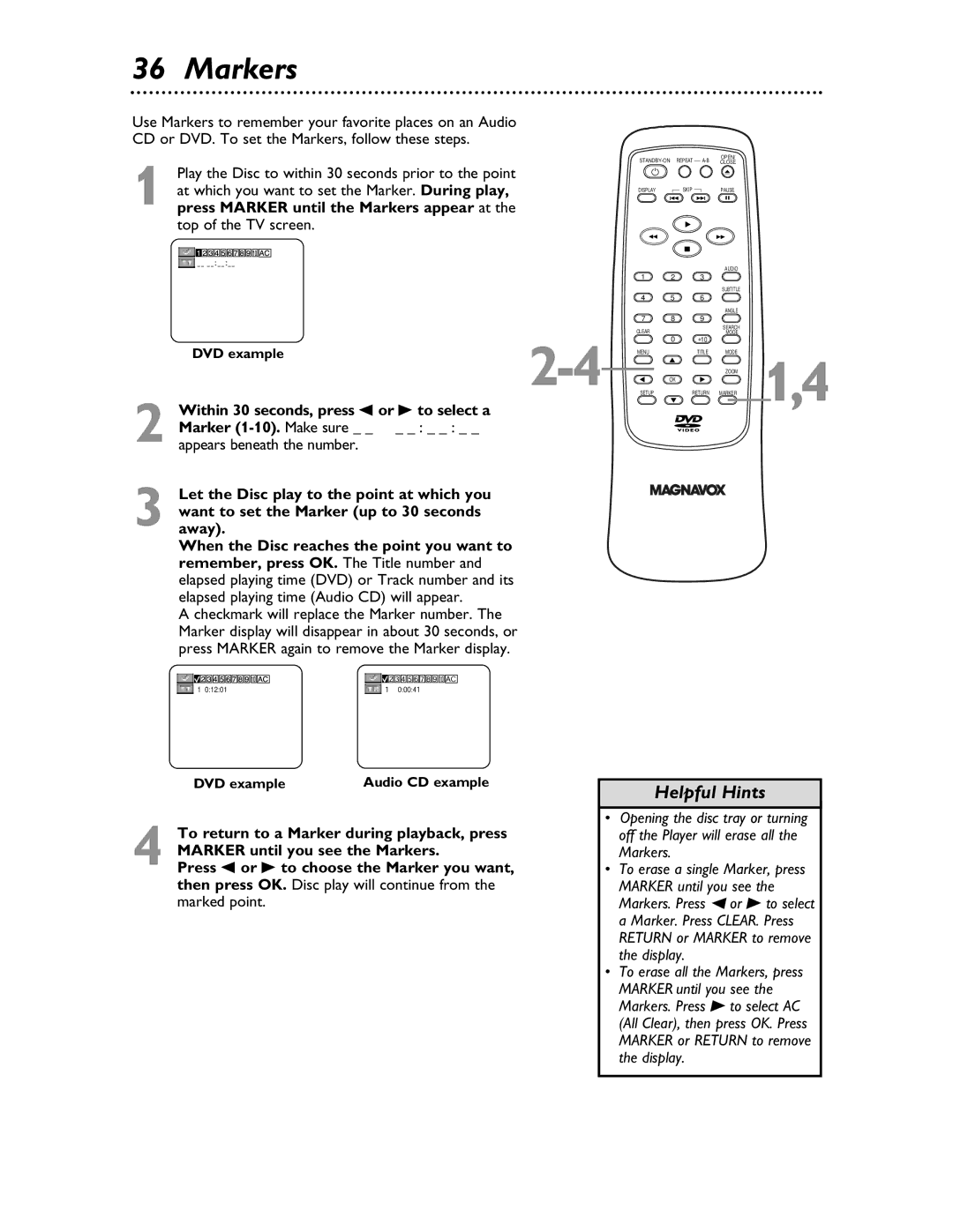 Magnavox MDV453 owner manual Markers, Elapsed playing time Audio CD will appear, Checkmark will replace the Marker number 