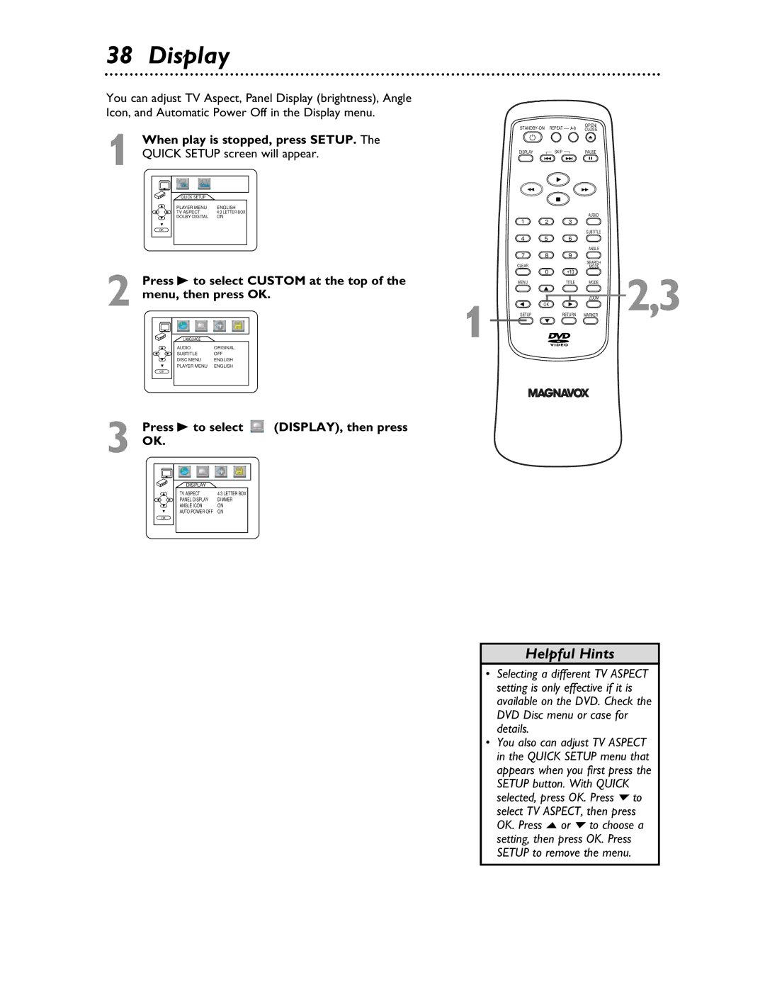 Magnavox MDV453 owner manual Display, Press B to select Custom at the top, Press B to select DISPLAY, then press 