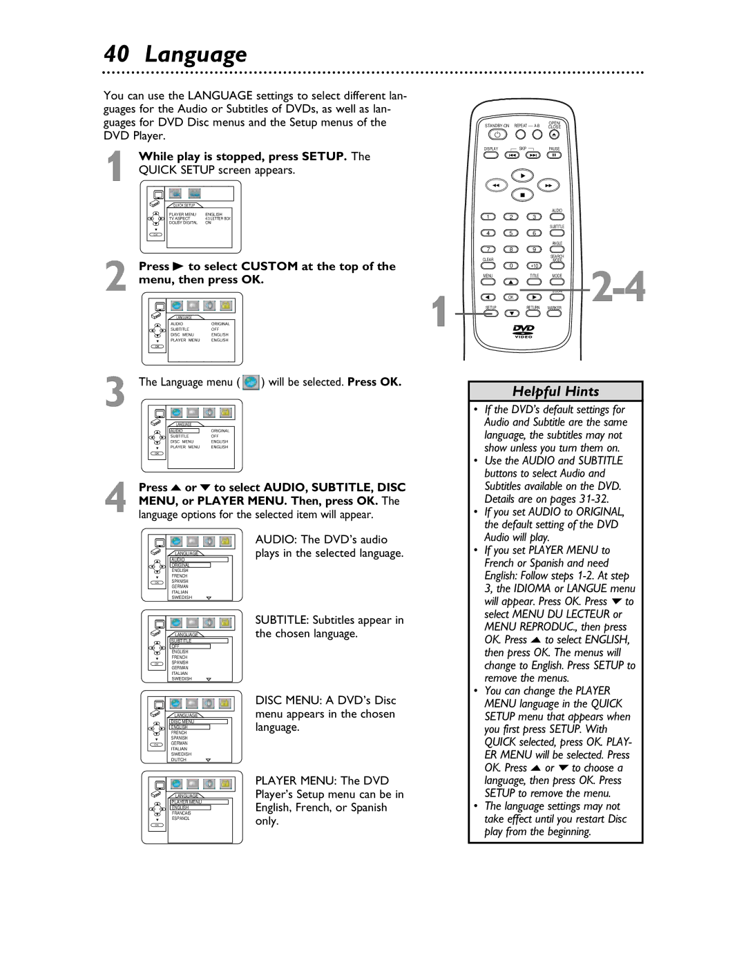 Magnavox MDV453 owner manual Language, Default setting of the DVD 