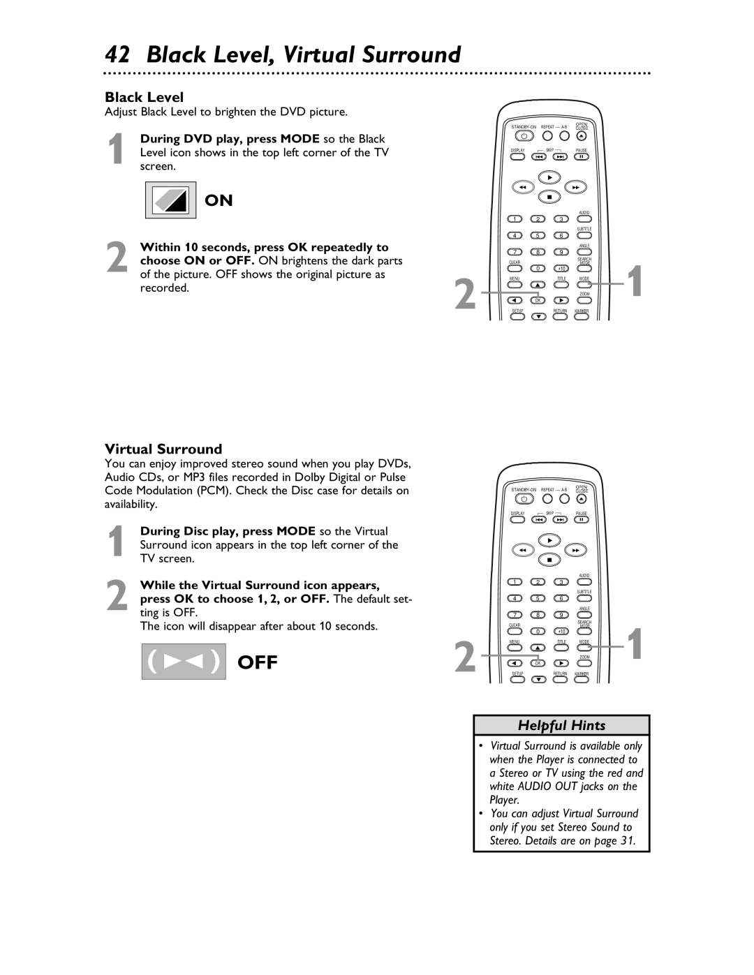 Magnavox MDV453 owner manual Black Level, Virtual Surround 