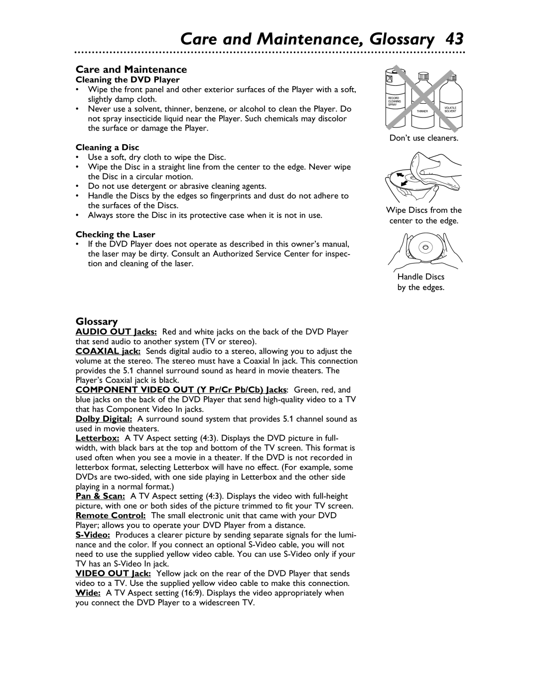 Magnavox MDV453 owner manual Care and Maintenance, Glossary 