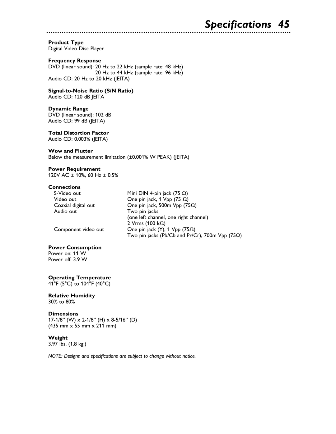 Magnavox MDV453 owner manual Specifications 