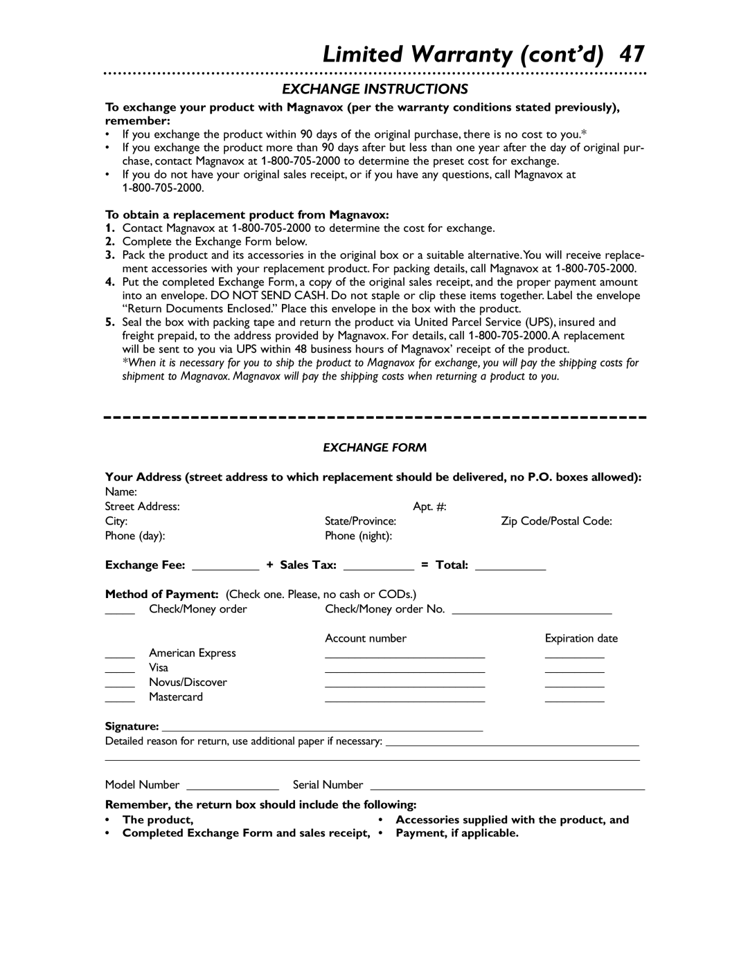 Magnavox MDV453 owner manual Limited Warranty cont’d, To obtain a replacement product from Magnavox, + Sales Tax = Total 