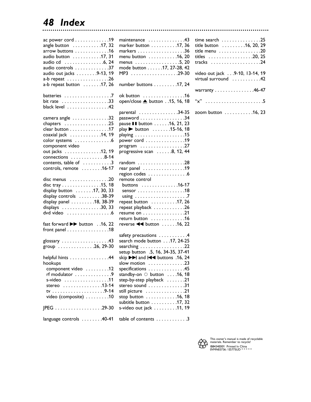 Magnavox MDV453 owner manual Index, 40-41 