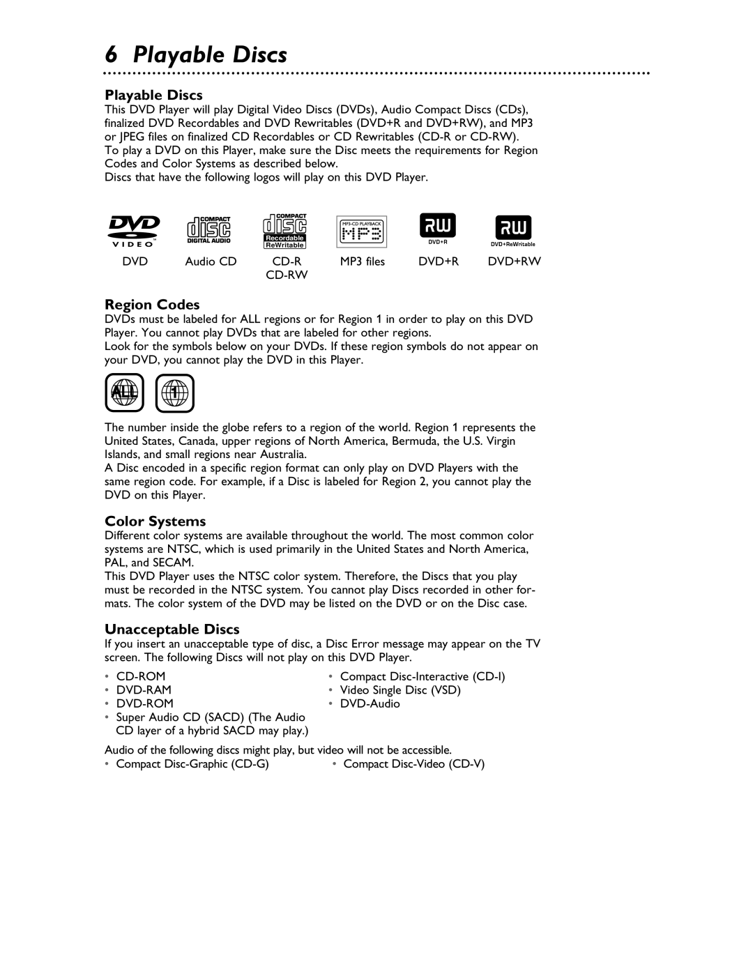 Magnavox MDV453 owner manual Playable Discs, Region Codes, Color Systems, Unacceptable Discs 