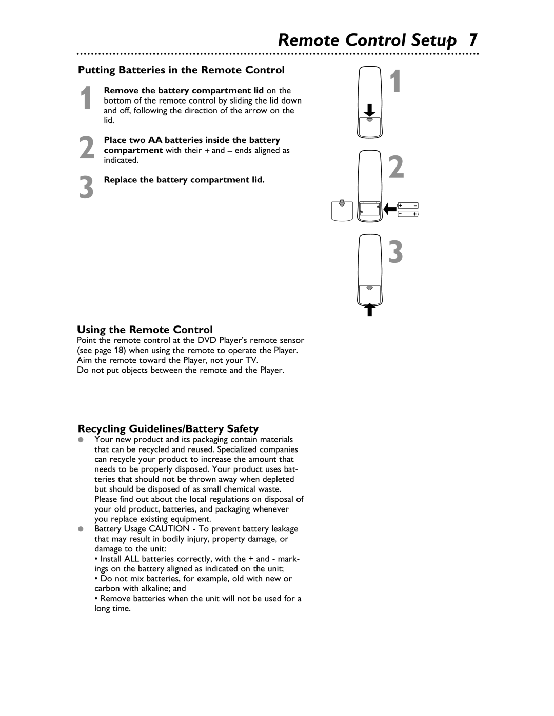 Magnavox MDV453 owner manual Remote Control Setup, Putting Batteries in the Remote Control, Using the Remote Control 