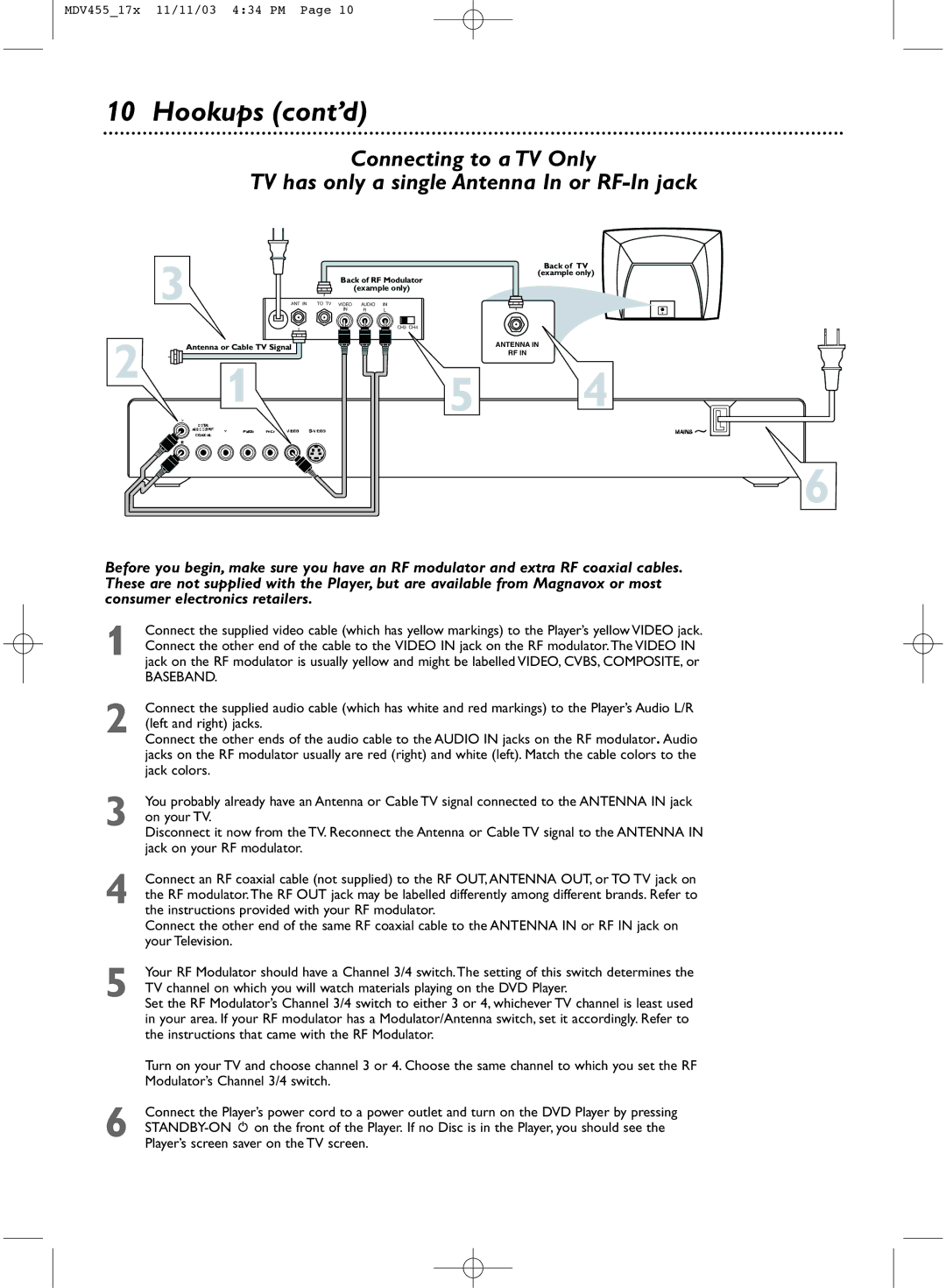 Magnavox MDV455 owner manual Hookups cont’d 