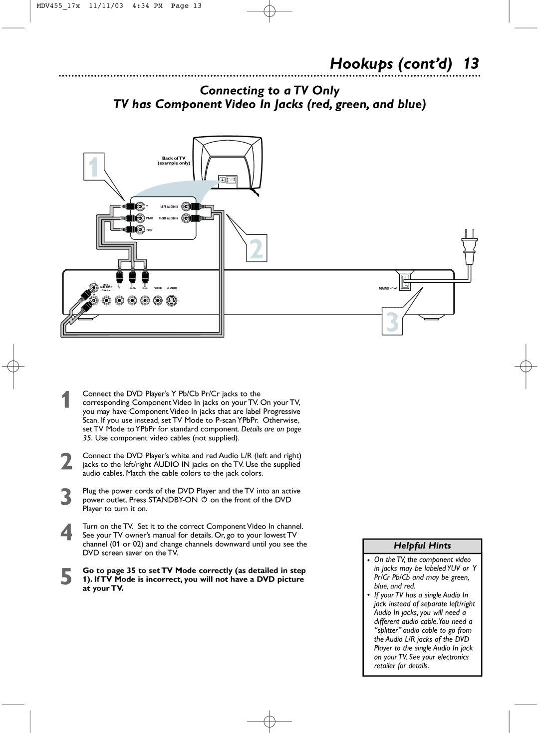 Magnavox MDV455 owner manual Connect the DVD Player’s Y Pb/Cb Pr/Cr jacks to 