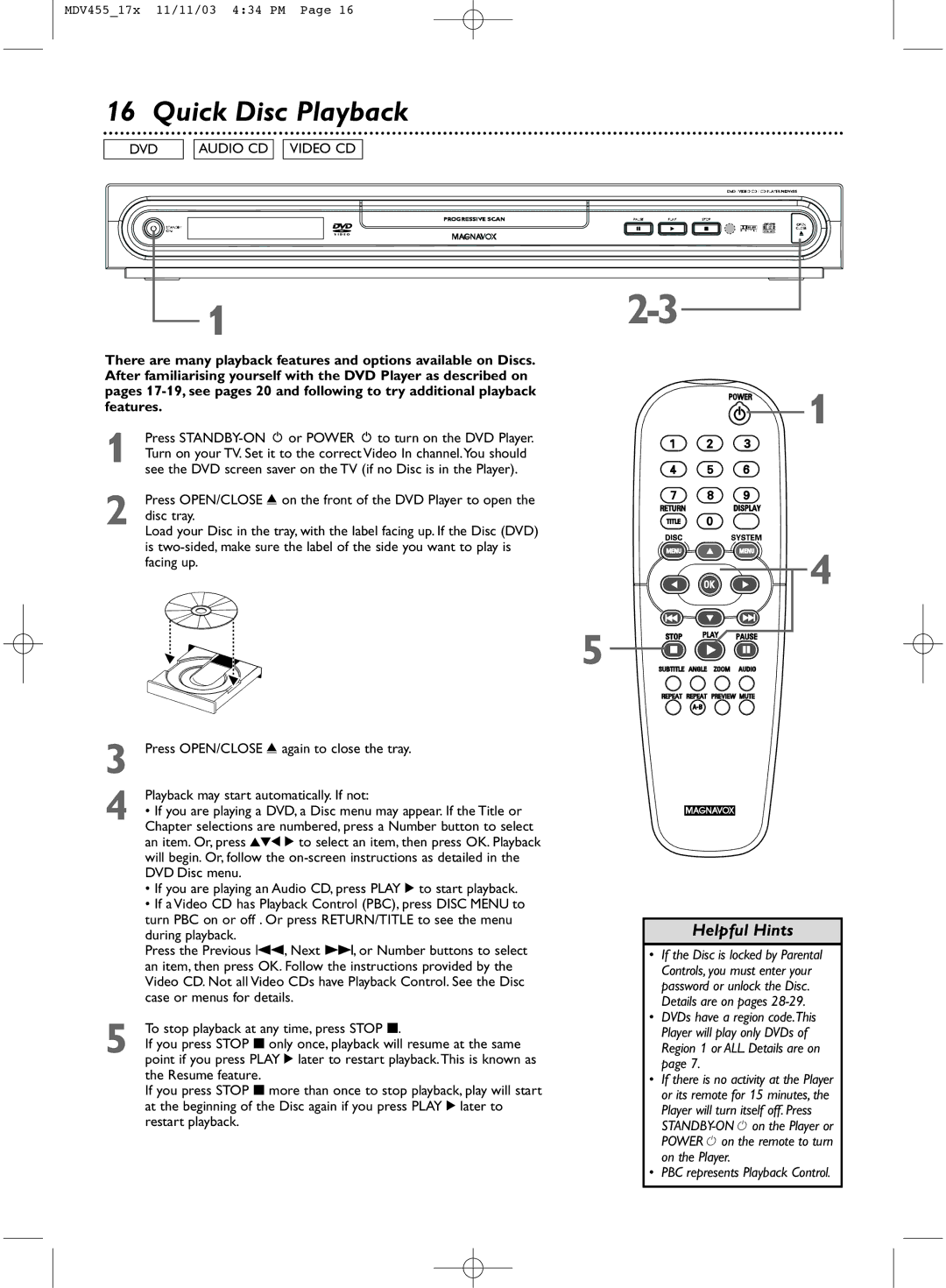 Magnavox MDV455 owner manual Quick Disc Playback 