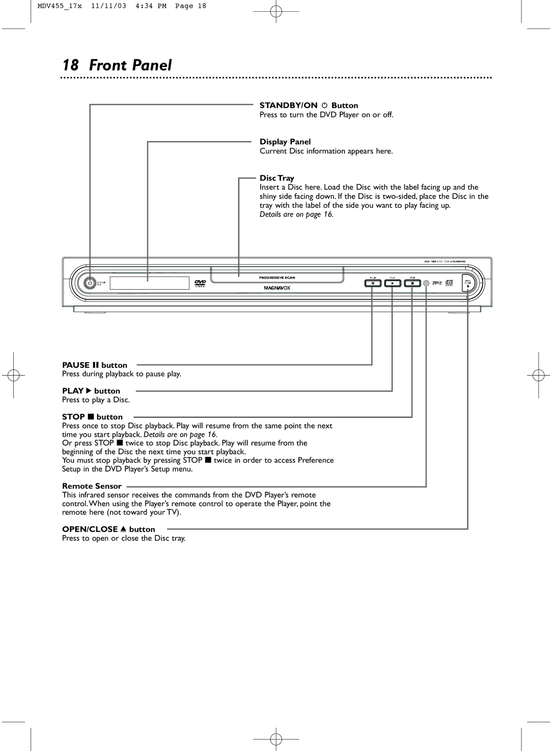 Magnavox MDV455 owner manual Front Panel 