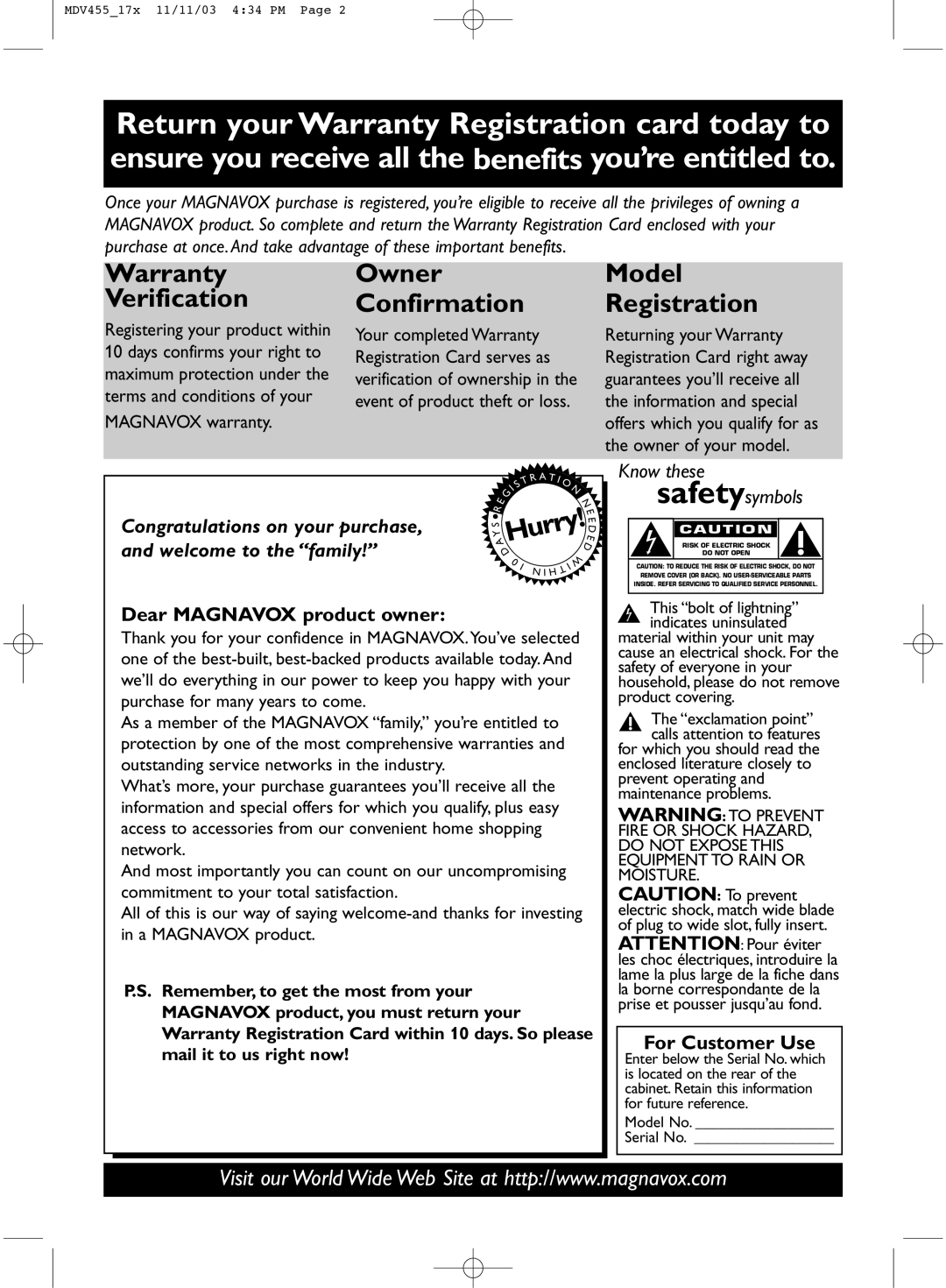 Magnavox MDV455 owner manual Warranty Verification, Serial No 