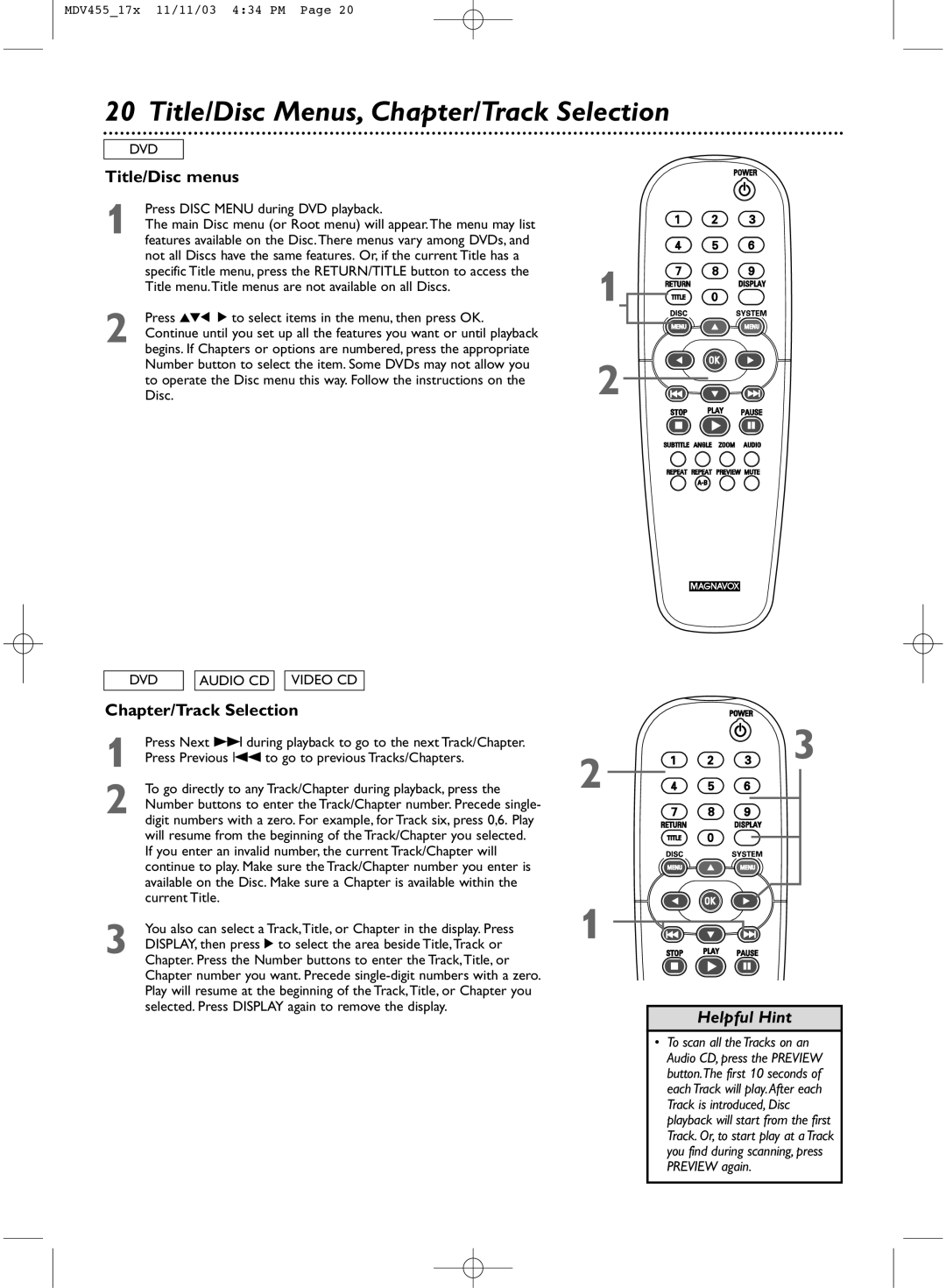 Magnavox MDV455 owner manual Title/Disc Menus, Chapter/Track Selection, Title/Disc menus 