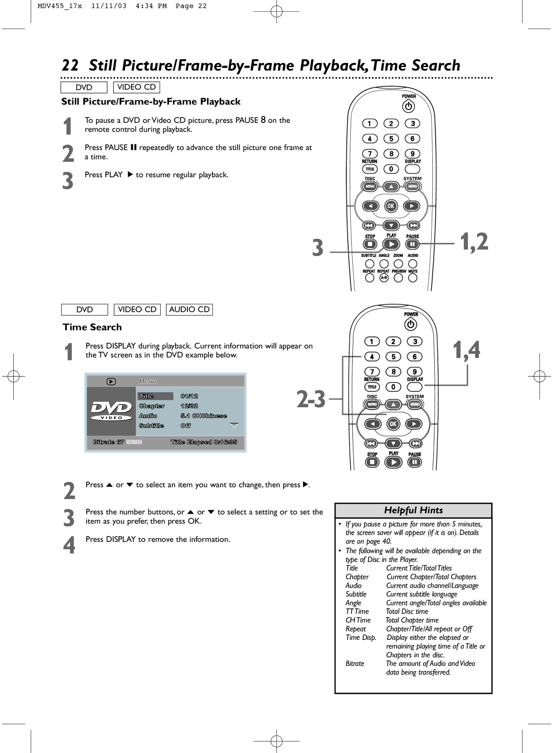 Magnavox MDV455 owner manual Still Picture/Frame-by-Frame Playback,Time Search, TV screen as in the DVD example below 