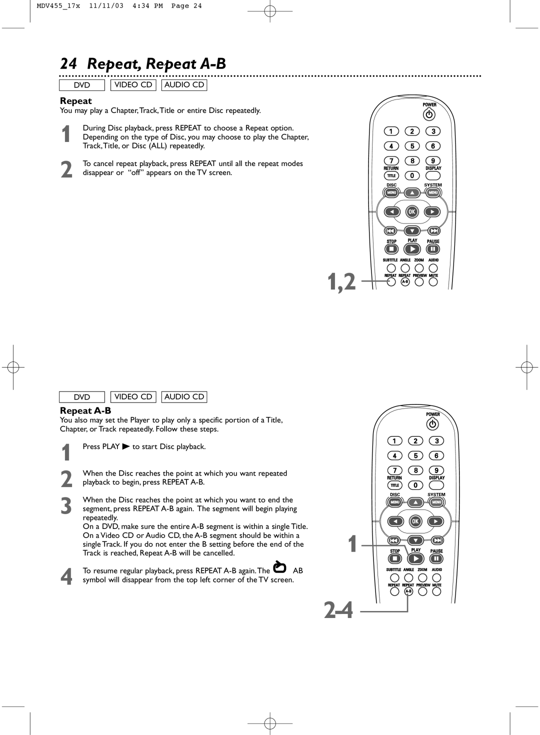 Magnavox MDV455 owner manual Repeat, Repeat A-B, Track,Title, or Disc ALL repeatedly 