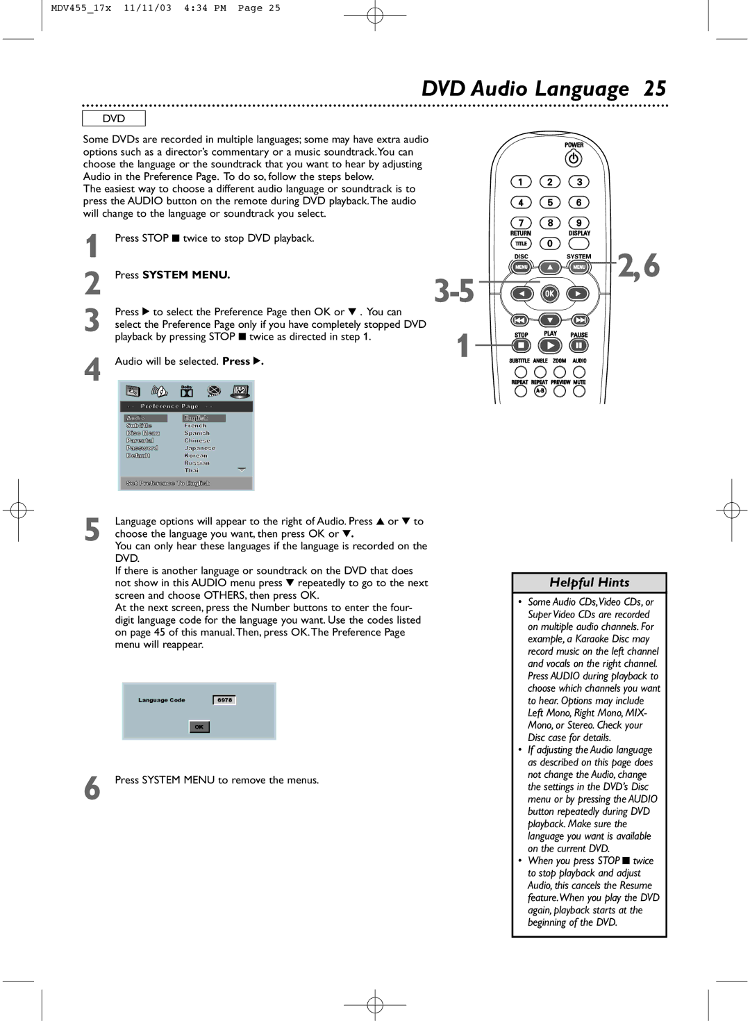 Magnavox MDV455 owner manual DVD Audio Language, Audio will be selected. Press, Press System Menu to remove the menus 