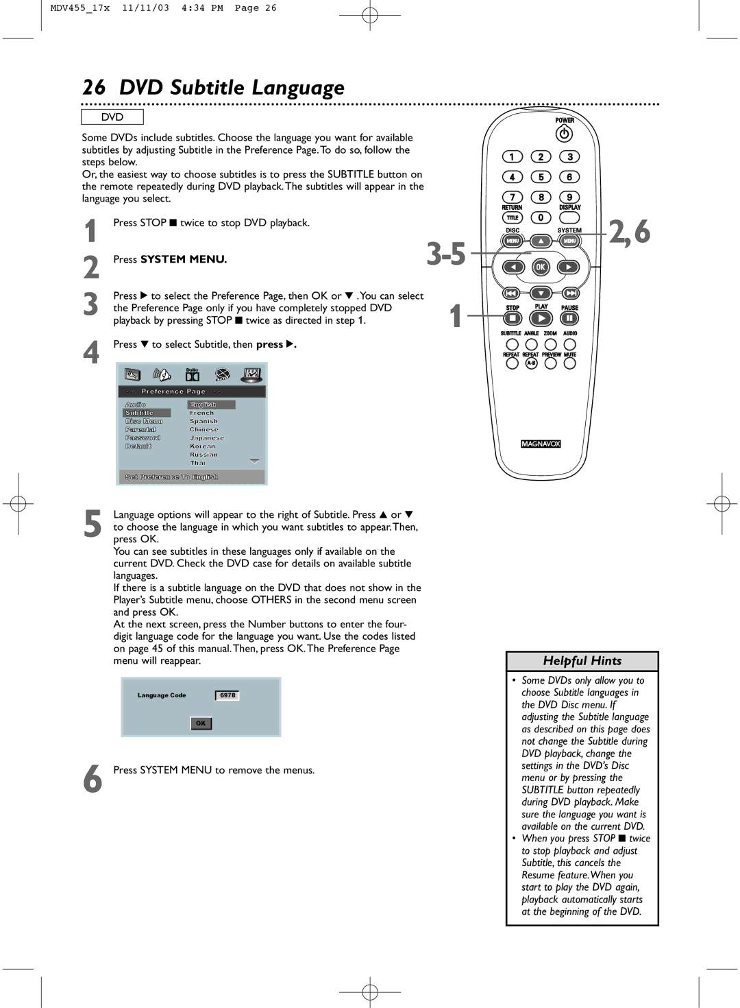 Magnavox MDV455 owner manual DVD Subtitle Language, Press 4 to select Subtitle, then press 