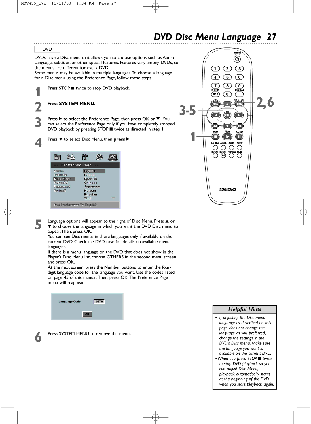 Magnavox MDV455 owner manual DVD Disc Menu Language, Press 4 to select Disc Menu, then press 