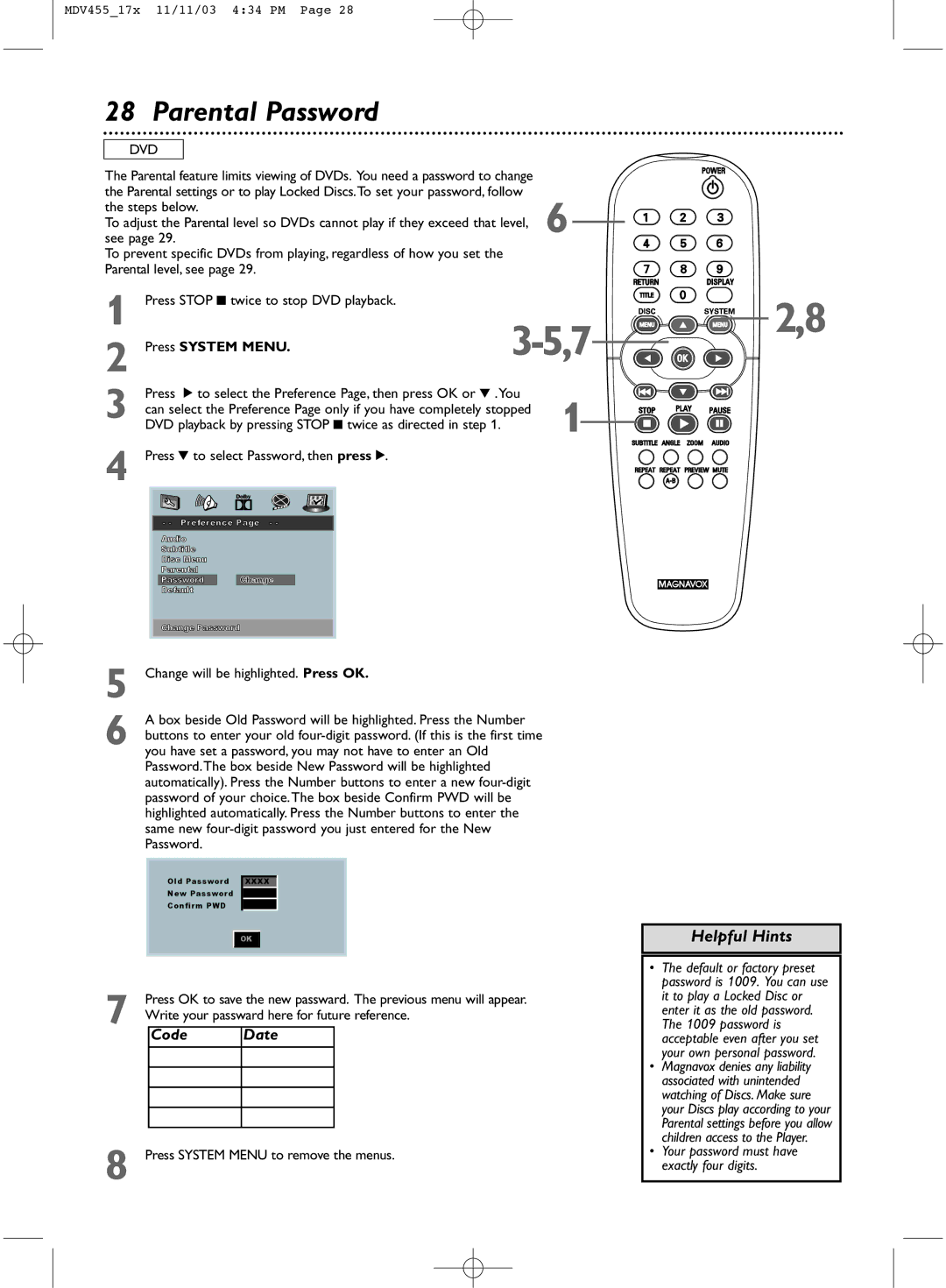 Magnavox MDV455 Parental Password, Steps below, See, Parental level, see Press Stop 9 twice to stop DVD playback 