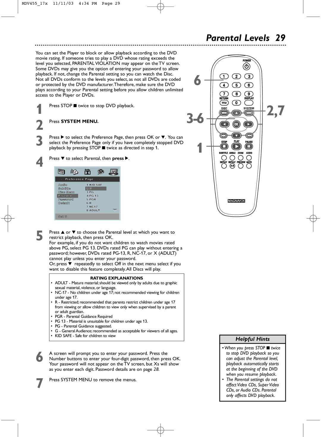 Magnavox MDV455 owner manual Parental Levels, Rating Explanations 