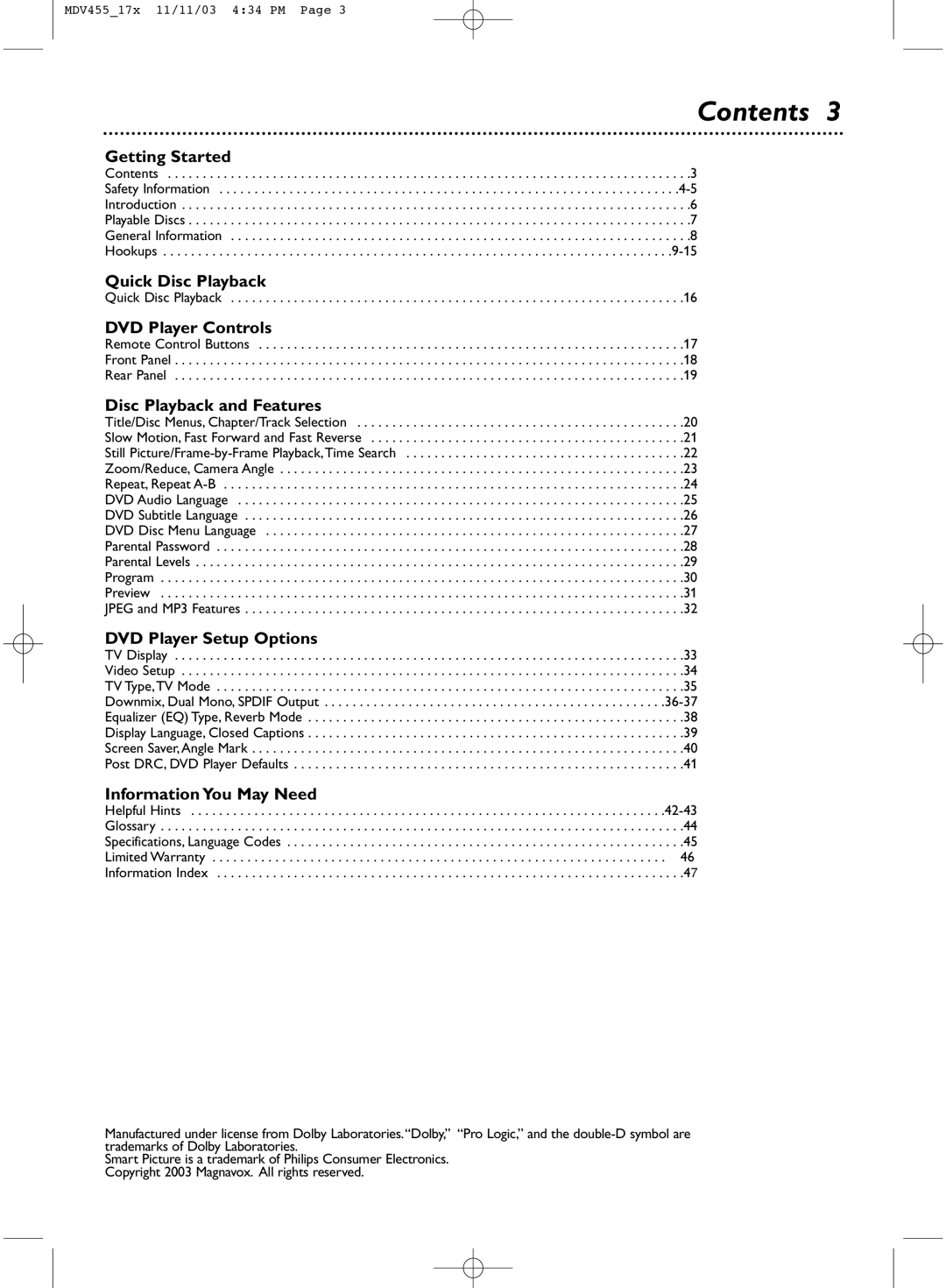 Magnavox MDV455 owner manual Contents 