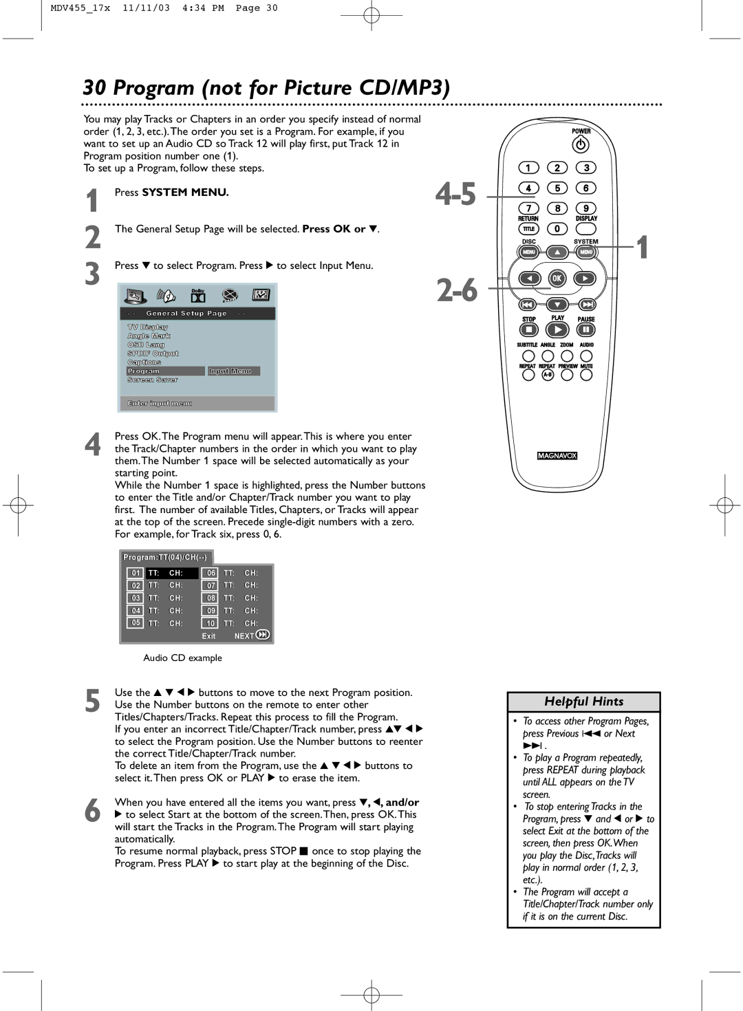 Magnavox MDV455 owner manual Program not for Picture CD/MP3, Press 4 to select Program. Press 2 to select Input Menu 